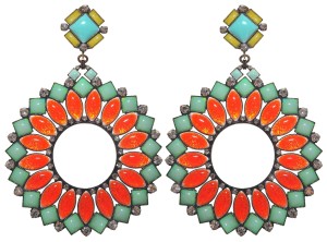 Earrings Miranda Konstantinidou Ethnic Mosaic SS2014, green, orange and yellow stones and Svarovski