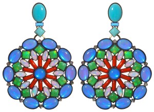 Earrings Miranda Konstantinidou Ethnic Mosaic SS2014, blue, green, white and orange stones and Svarovski